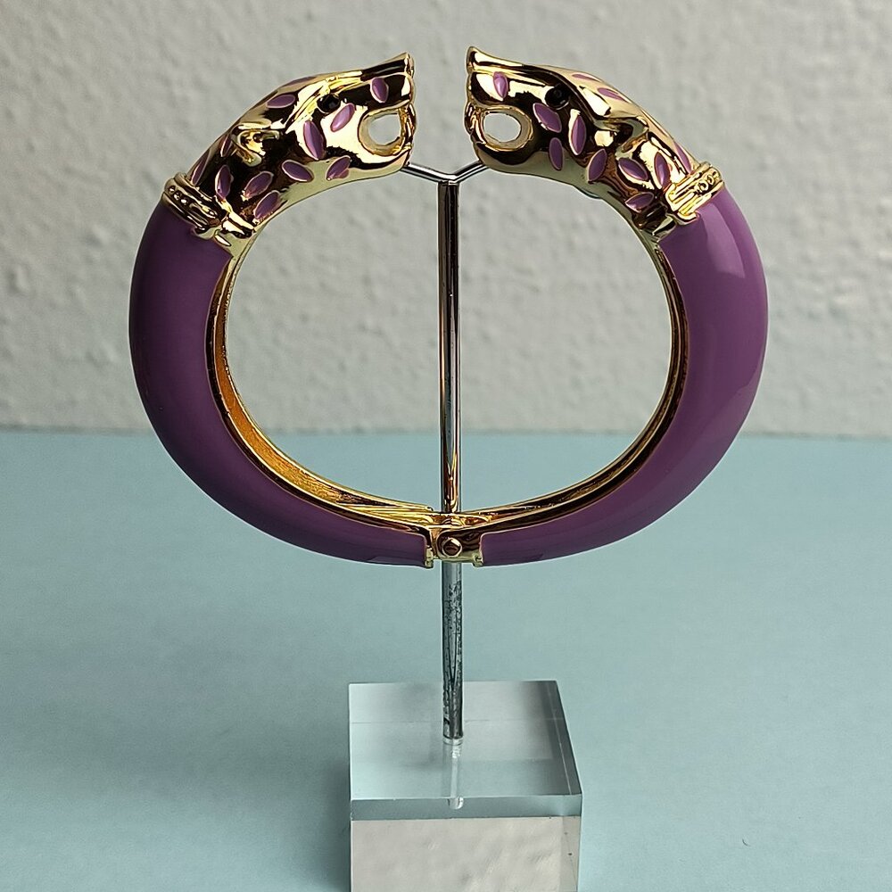 Statement Chunky Glaze Hinged Cuff Bracelet Double Wolf Head Purple Gold…